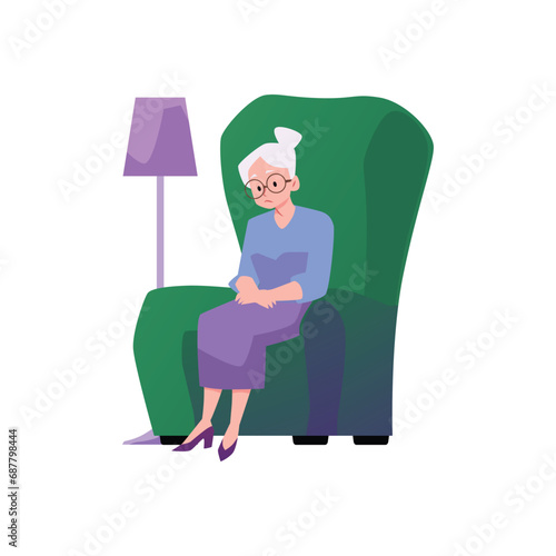 Old sad grandmother sitting on big green armchair flat style