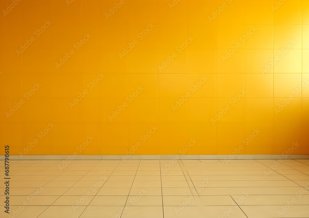 Simple room, mustard color Wall, tiled Floor