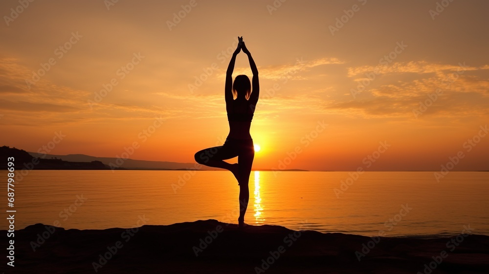 Silhouette of young woman practicing yoga on the beach at sunset, Young woman practicing yoga in the Natarajasana position