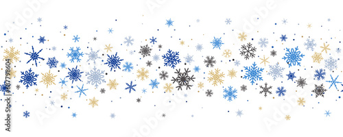 Snowflakes vector background. Winter holiday decor with colorful crystal elements. Graphic icy frame isolated on white backdrop.