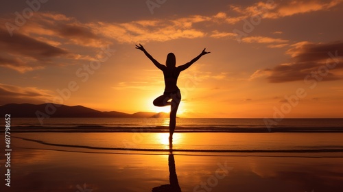 Silhouette of young woman practicing yoga on the beach at sunset  Young woman practicing yoga in the Natarajasana position