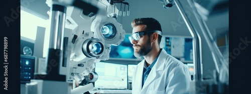 Doctor at a optical clinic with futuristic ophthalmoscope equipment performing eye test and vision cure research as wide banner with copy space area