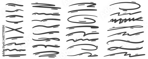 Pen strike line. Strikethrough marker scribble. Pencil and brush stroke. Doodle sketch mark stripes isolated on white background. Handwrited rough stains. Vector set photo