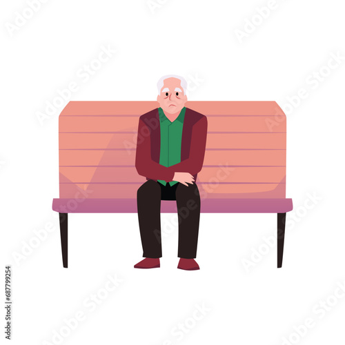 Sad old lonely man sitting on bench flat style, vector illustration