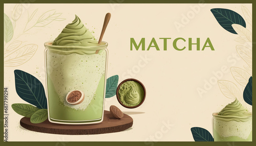 Green tea matcha latte cup with copyspace left. This latte is a delicious way to enjoy the energy boost & healthy benefits of matcha. Matcha is a powder of green tea