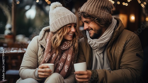 Couple in love hugging in a winter cafe with cups of coffee