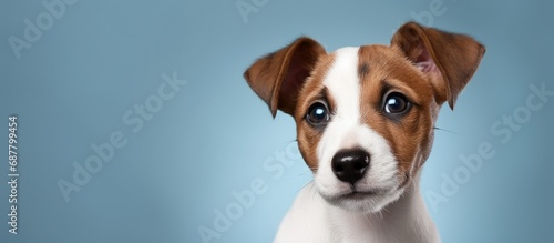 Cute white Jack Russell Terrier puppy with brown patterns around the eyes and ears, lying down and gazing directly at the camera, while raising its ears. © 2rogan