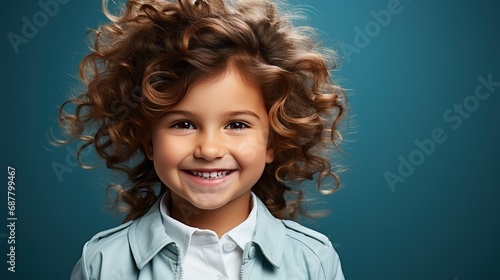 Little curly happy girl on a plain background