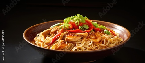 Chongqing noodles or xiaomian are spicy noodle dishes from Chongqing  China  served with chicken  enoki mushroom  and pokcoy.