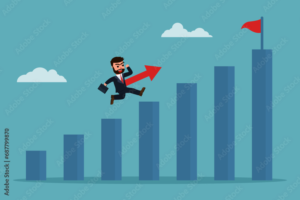 Businessmen climbing up the bar graph go to success. Business Concept. A businessman who strives to develop himself or his business to reach the ultimate goal of success. Vector illustration Businessmen climbing up the bar graph go to success. Business Concept. A businessman who strives to develop himself or his business to reach the ultimate goal of success. Vector illustration