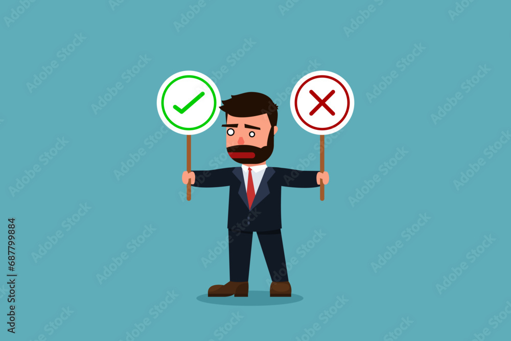 Businessmen who are confused about making business decisions, right or wrong, true or false. Moral choice concept, a prudent businessman is holding a right or wrong sign while making a decision. Businessmen who are confused about making business decisions, right or wrong, true or false. Moral choice concept, a prudent businessman is holding a right or wrong sign while making a decision.