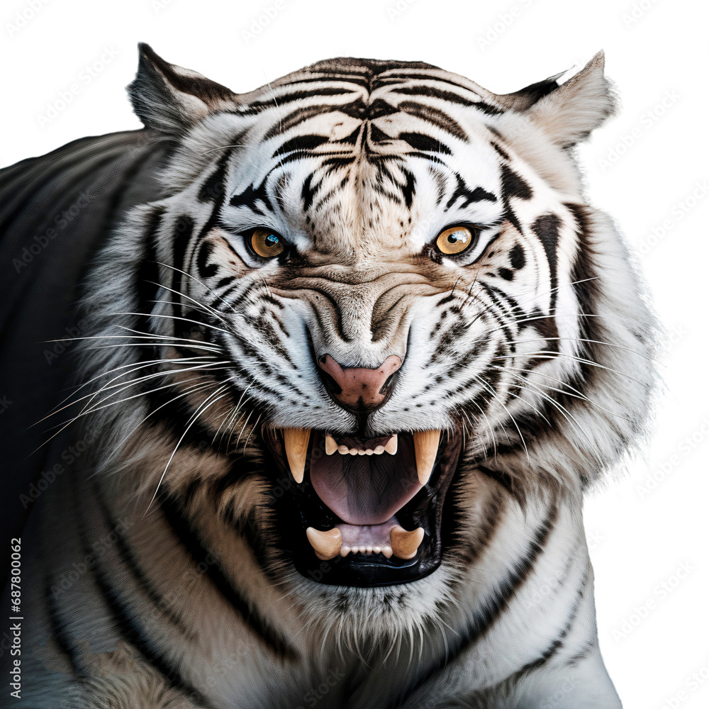Obraz premium White tiger close-up, roaring isolated on transparent background, cutout PNG file.