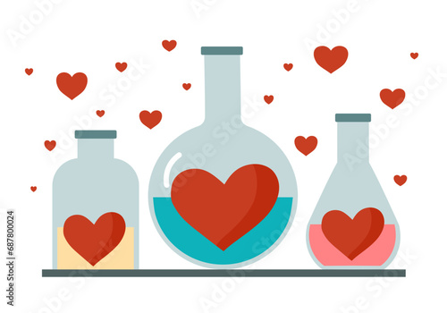 Love chemistry, love reaction in flat design on white background. Chemical lab glass with flying hearts. Valentine’s Day concept. Design for greeting card, poster, banner.