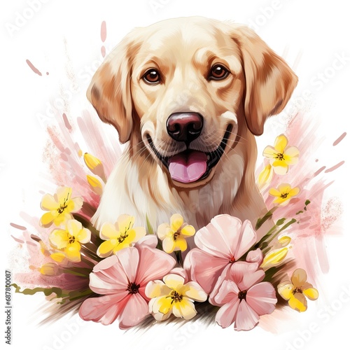 Labrador Retriever Spring Flowers Clipart Isolated on White background