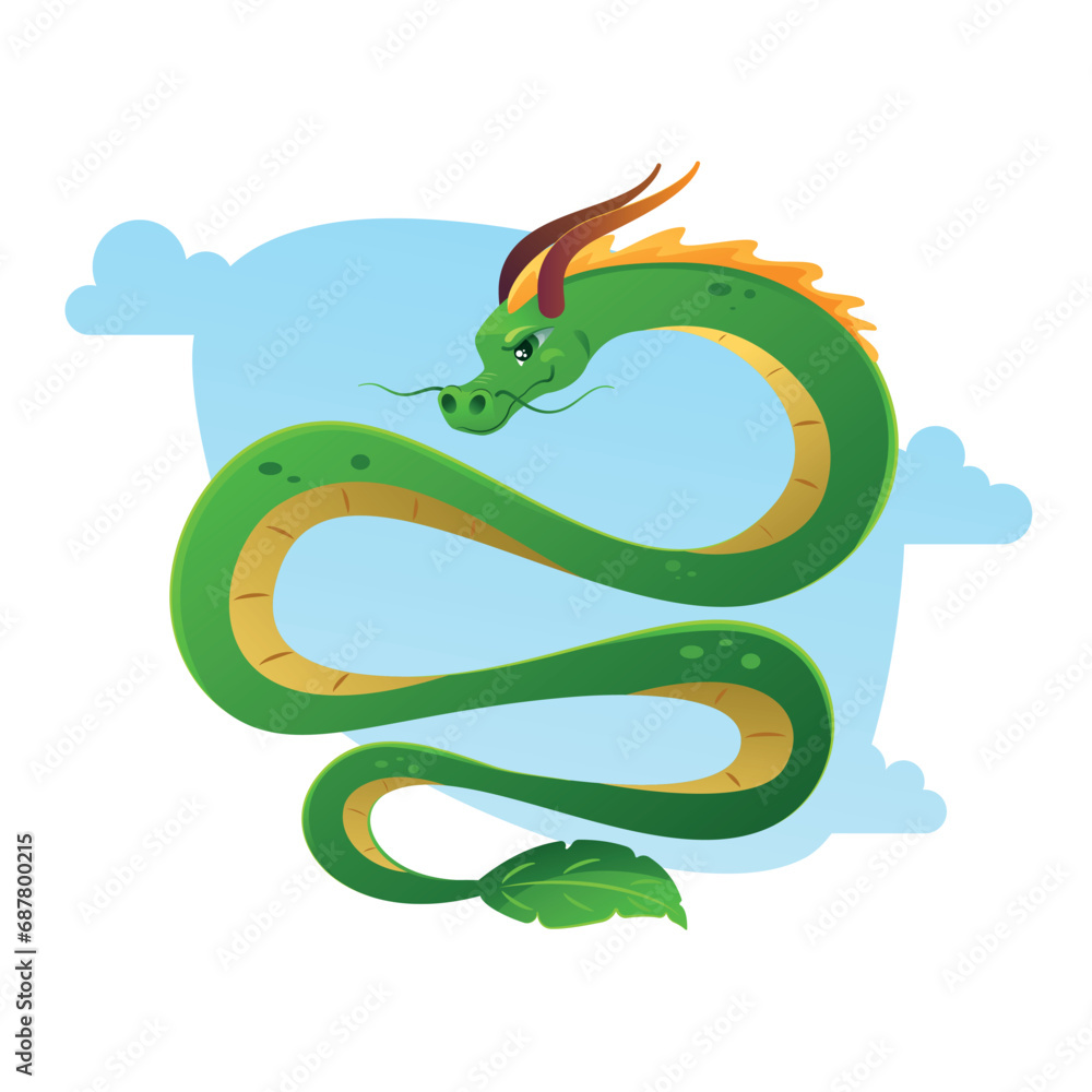 Fototapeta premium Green dragon vector illustration in cartoon style. The symbol of Chinese New Year is a cute green dragon. New Year.