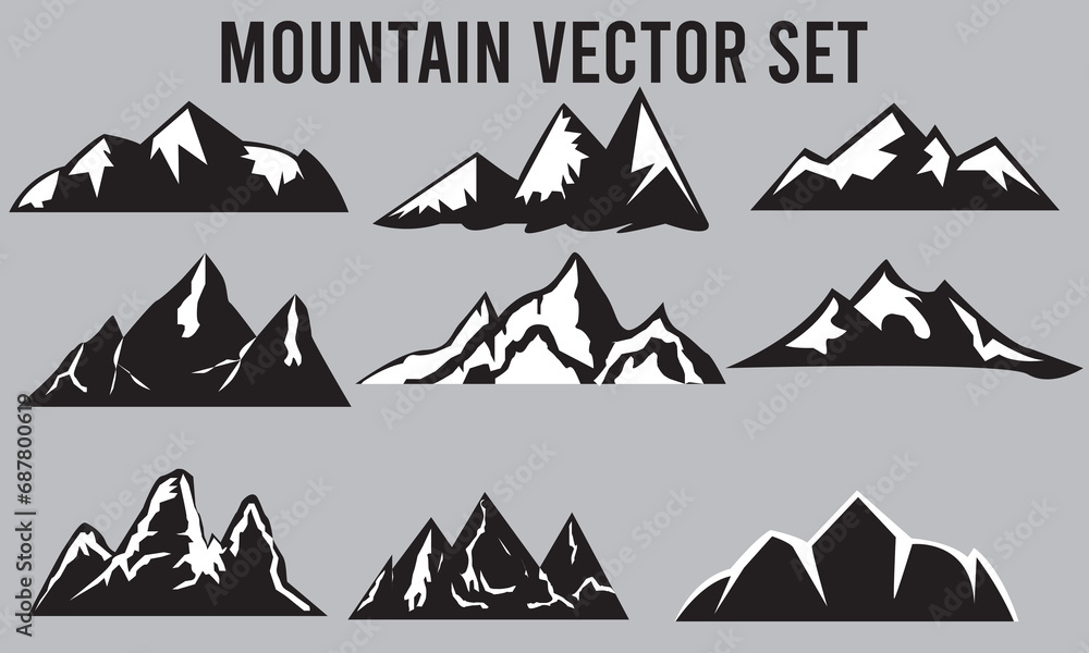 Mountains silhouettes 9 set Shapes For Logos mountain icons set. vector illustration. - obrazy, fototapety, plakaty 
