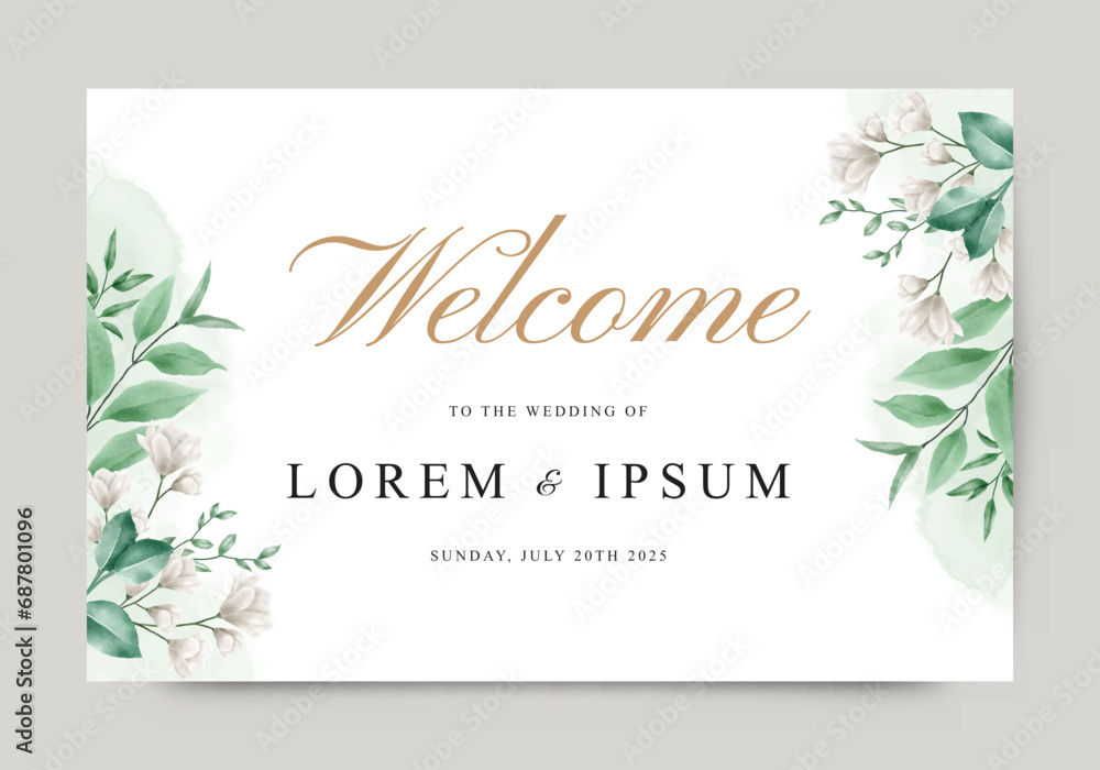 Elegant wedding welcome sign with watercolor foliage and flower decoration