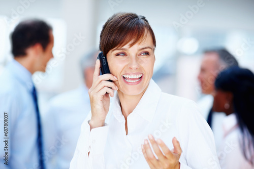 Happy woman  phone call and laughing for funny joke  communication or networking at office. Female person or business employee smile and talking on mobile smartphone for fun conversation workplace