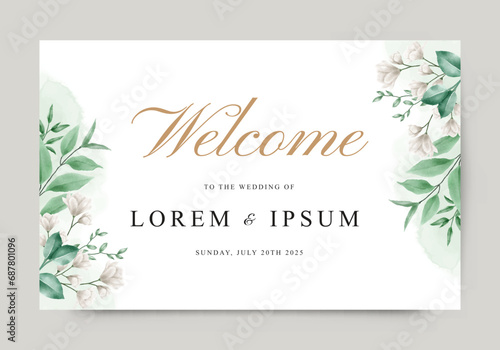 Elegant wedding welcome sign with watercolor foliage and flower decoration