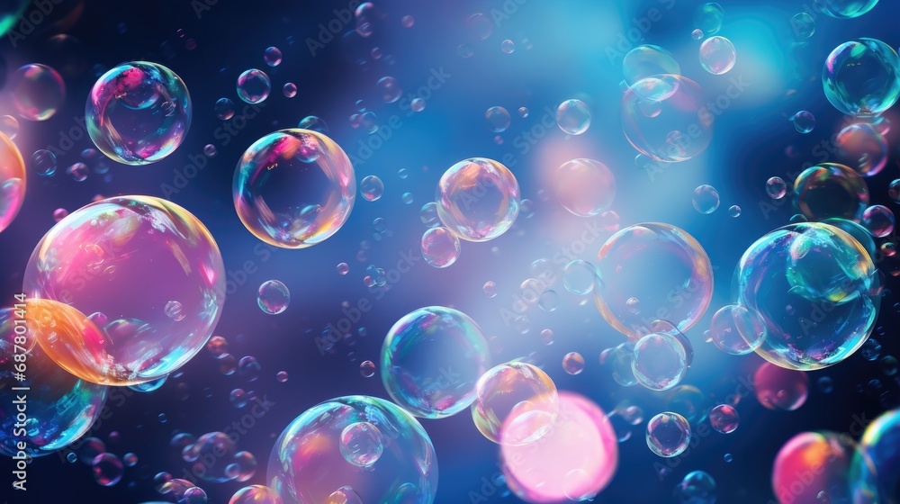 An iridescent air bubble on a background with a gradient. A lot of bubbles are flying in a chaotic manner.