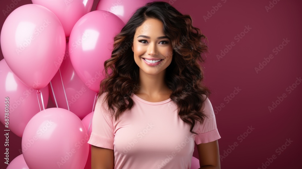 Happy woman smiling in front of large pink balloons, Generative ai Happy woman smiling in front of large pink balloons, Generative ai