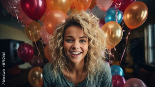 Pretty birthday woman, with colorful balloons in the back. Generative ai