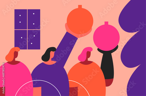 People with disabilities decorate the New Year tree. Inclusive Christmas. Disabled Girl with friends. People at an inclusive party in a wheelchair and with a prosthetic arm. Flat vector illustration.