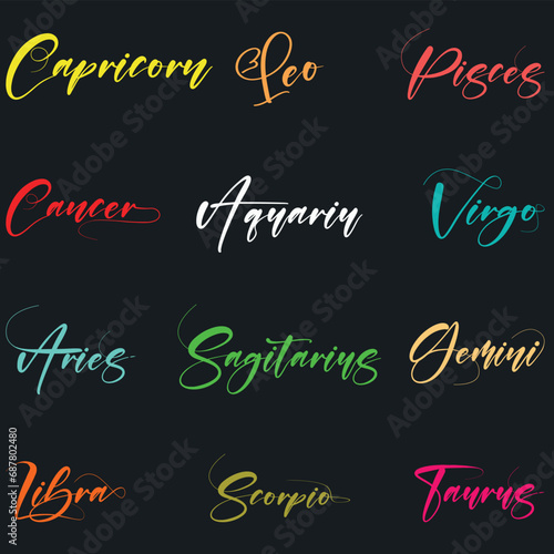 set calligraphic zodiac names, set zodiac name hand lettering, Handwritten set of vector zodiac signs names, Hand drawn Astrology Latin name letters,.eps8