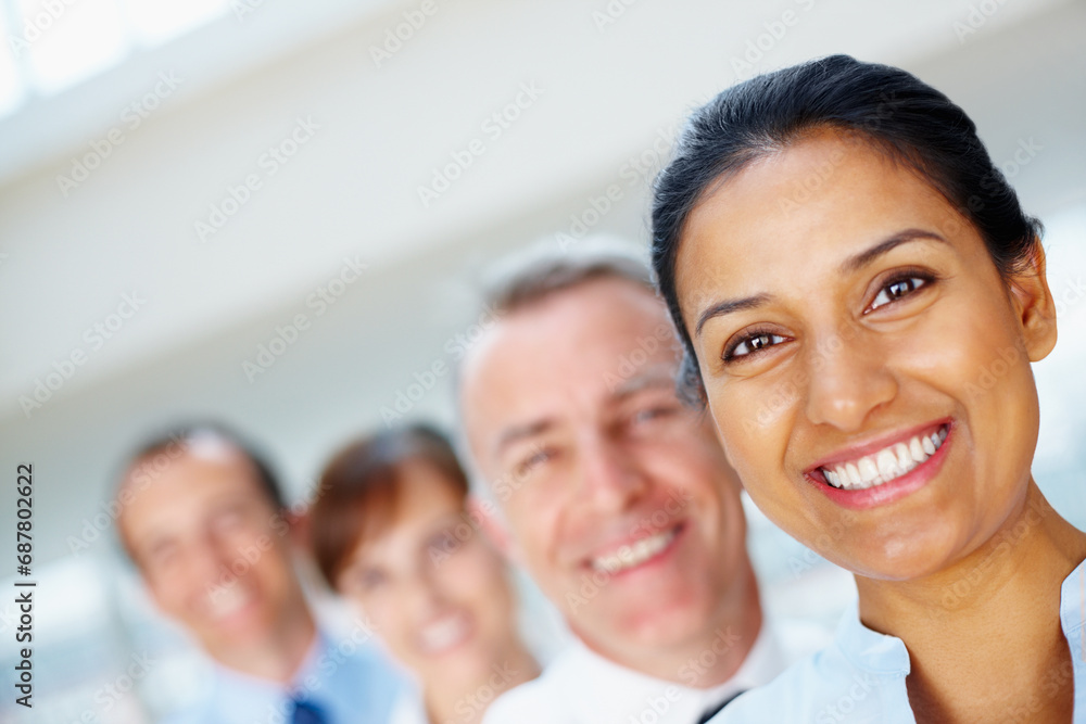 Smile, portrait of business woman with team in the office for positive, good and confident attitude. Happy, collaboration and professional young Indian female designer with people in workplace. Smile, portrait of business woman with team in the office for positive, good and confident attitude. Happy, collaboration and professional young Indian female designer with people in workplace.