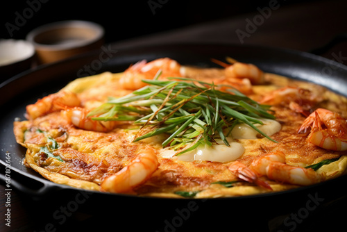 A close-up view of a Korean pancake, Haemul pajeon. (Generative AI) photo