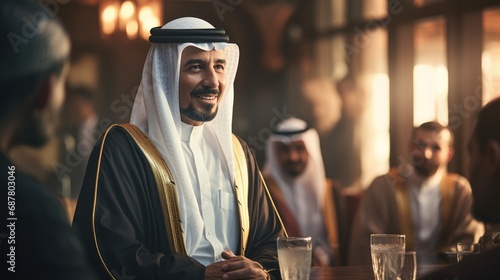 Arabic man in traditional attire leading a corporate meeting, emphasizing the grace and cultural richness in the business environment, side view photo