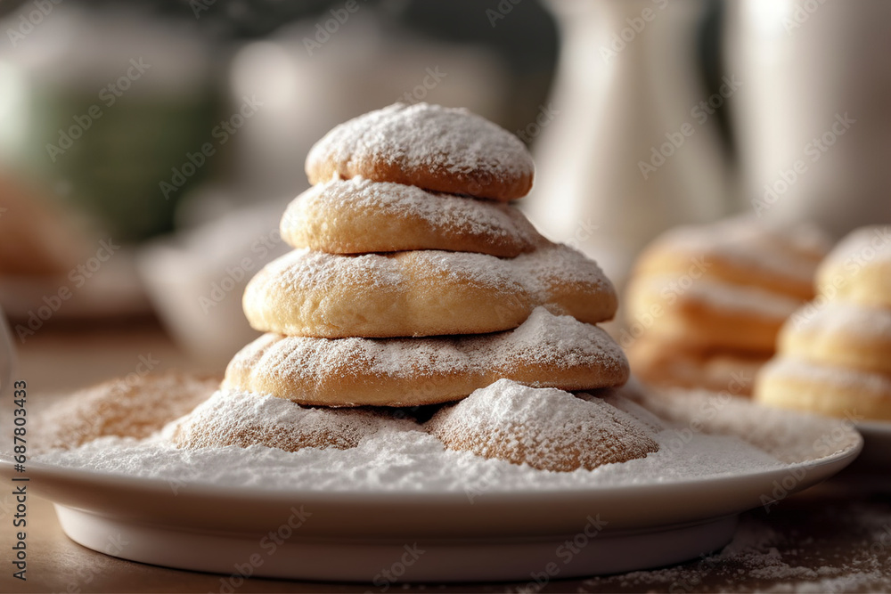 A stack of Maxican conchas dusted with powdered sugar. (Generative AI) A stack of Maxican conchas dusted with powdered sugar. (Generative AI)