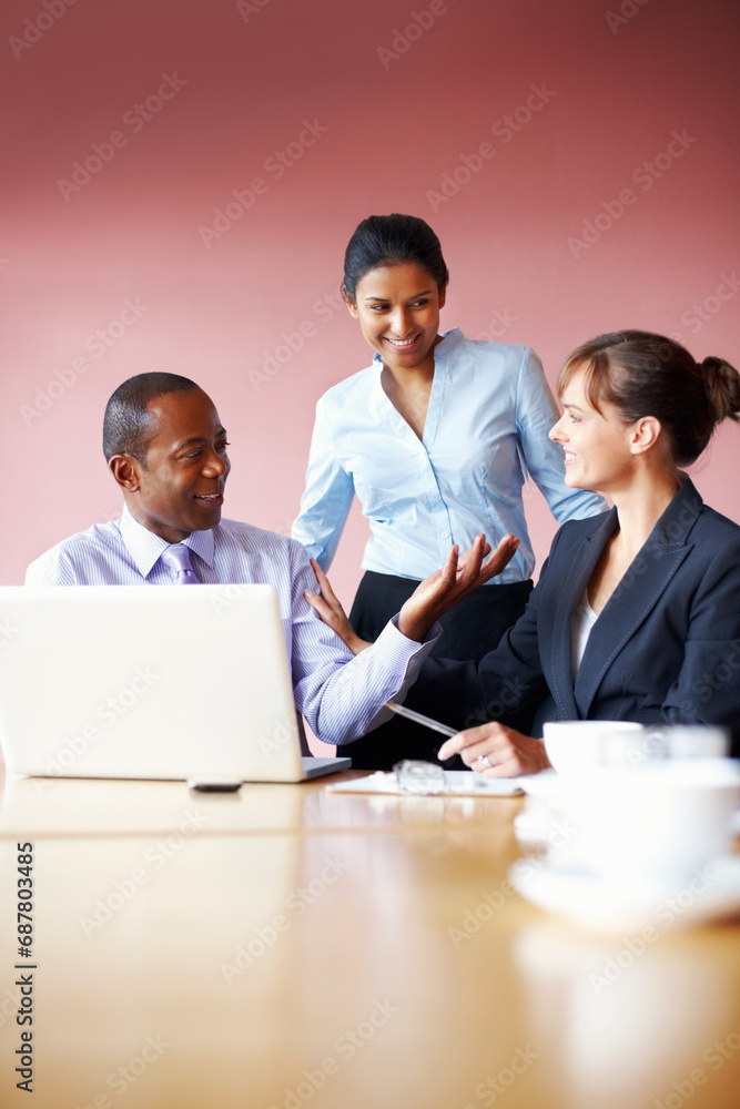 Collaboration, business people and meeting with a laptop in the boardroom for planning or strategy. Smile, teamwork or diversity with corporate men and women working on a computer for company vision Collaboration, business people and meeting with a laptop in the boardroom for planning or strategy. Smile, teamwork or diversity with corporate men and women working on a computer for company vision