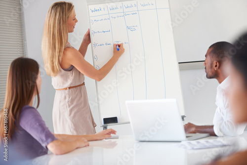 Whiteboard presentation meeting, business people and leader writing agenda plan for project management. Morning briefing, boss and agency group attention, teamwork or planning schedule, list or tasks photo