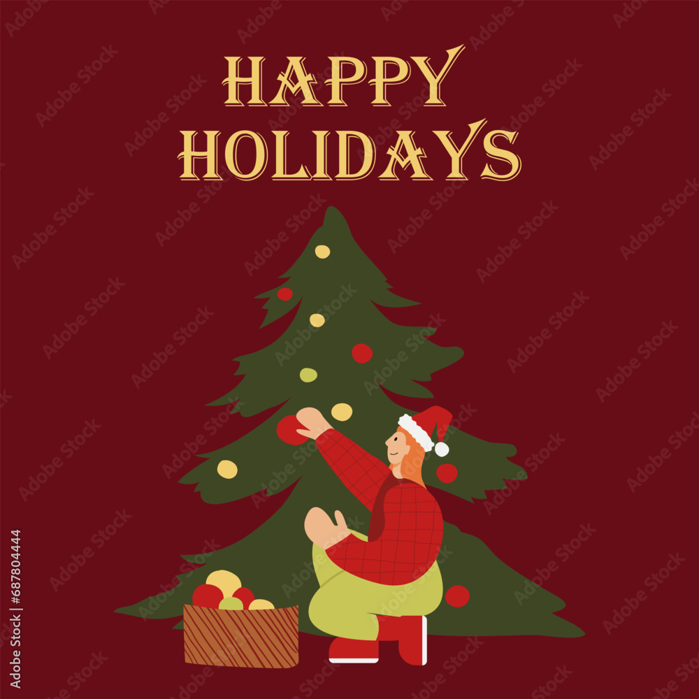 Naklejka premium Card with woman celebrate Christmas and Happy New Year with holiday elements: tree, gift, decoration, garland. Vector cartoon flat style.