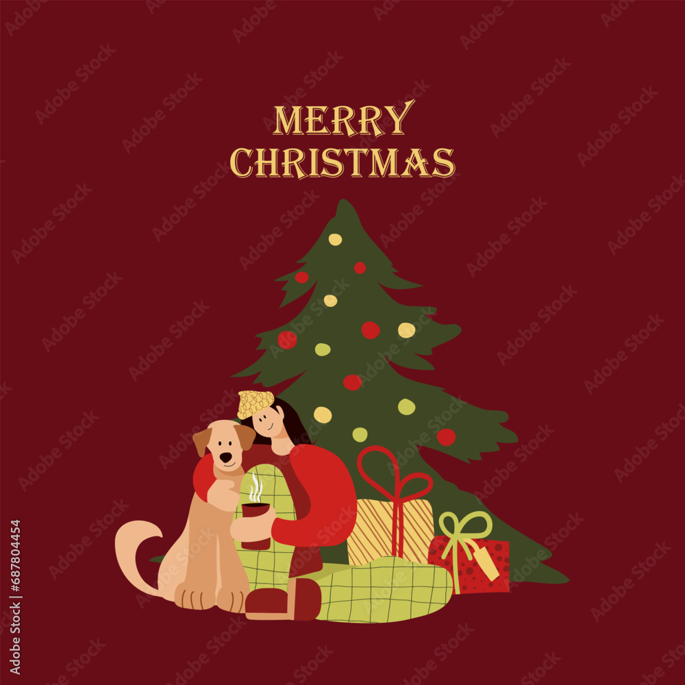Card with woman and dog celebrate Christmas and Happy New Year with holiday elements: tree, gifts, decoration, garland. Vector cartoon flat style.
