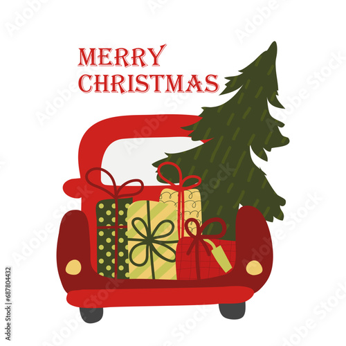 Card with people celebrate Christmas and Happy New Year. Car with holiday elements: tree, gift, decoration, garland. Vector cartoon flat style. 