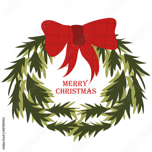 Card with Christmas wreath. Vector cartoon flat style