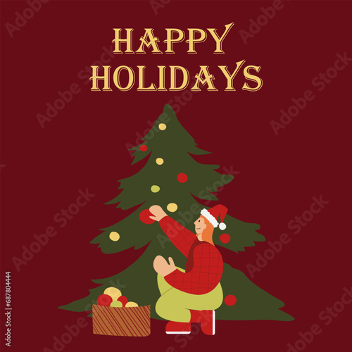 Card with woman celebrate Christmas and Happy New Year with holiday elements: tree, gift, decoration, garland. Vector cartoon flat style.