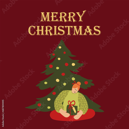 Card with woman celebrate Christmas and Happy New Year with holiday elements: tree, gift, decoration, garland. Vector cartoon flat style.