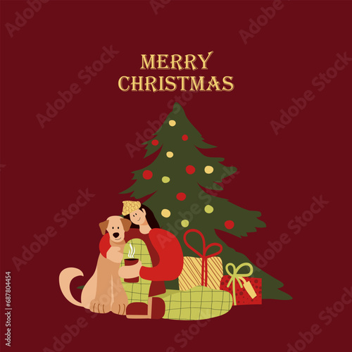 Card with woman and dog celebrate Christmas and Happy New Year with holiday elements: tree, gifts, decoration, garland. Vector cartoon flat style.