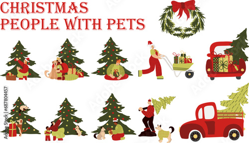 People celebrate Christmas and Happy New Year. Set bundle of different hand drawn people, pet and holiday elements: tree, gift, decoration, wreath, car. Home holiday party in cartoon cute flat style.