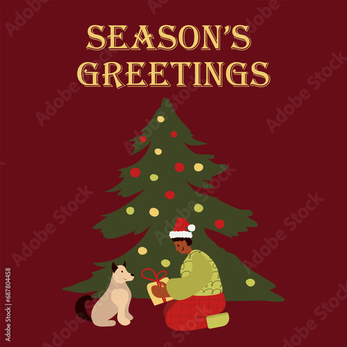 Card with people celebrate Christmas and Happy New Year with holiday elements: tree, gift, decoration, garland. Vector cartoon flat style. Man with pet dog