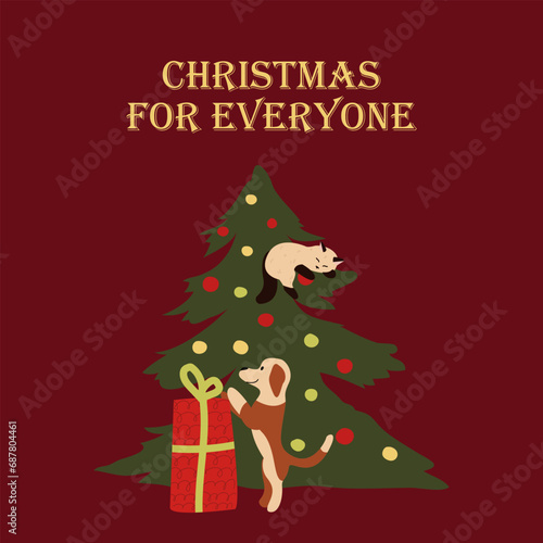 Card with pets celebrate Christmas and Happy New Year with holiday elements: tree, gift, decoration, garland. Vector cat and dog in cartoon flat style.