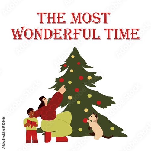 Card with people celebrate Christmas and Happy New Year with pet and holiday elements: tree, gift, decoration, garland. Vector cartoon flat style. 