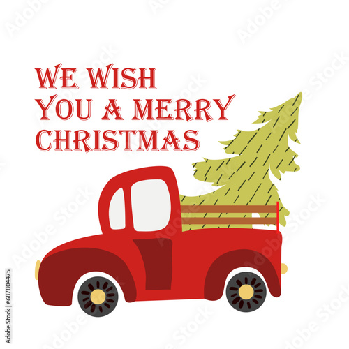 Card with people celebrate Christmas and Happy New Year. Car with holiday elements: tree, gift, decoration, garland. Vector cartoon flat style. 