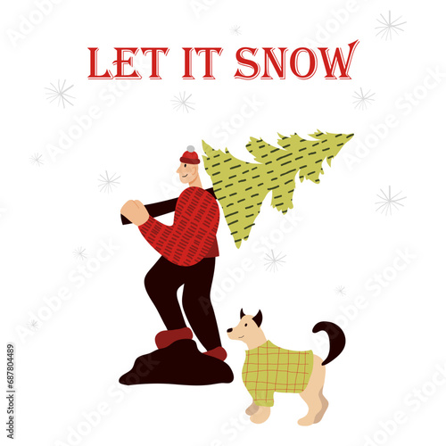 Card with people celebrate Christmas and Happy New Year with holiday elements: tree, gift, decoration, garland. Vector cartoon flat style. Man with his dog carry christmas tree