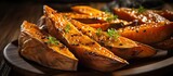 Closeup of Japanese roasted sweet potato on wooden plate, wooden table.