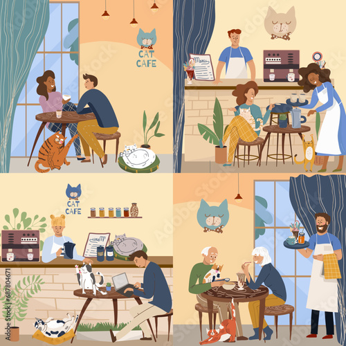 Set of vector mini illustrations with cartoon cat cafe characters, cat, dog, pet friendly, small business graphics, customer and barista. Modern flat vector.