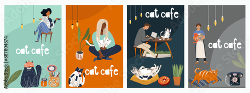 Set of vector cards with cartoon cat cafe characters, cat, animal friendly, small business graphics, customer and barista. Modern flat vector. © Natalia
